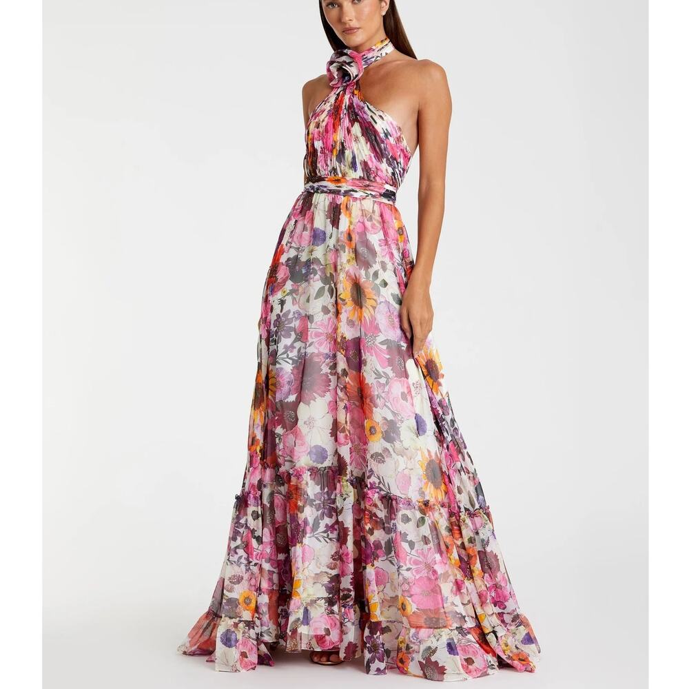 Mac Duggal Floral Halter Maxi Dress in Pink, Yellow, Purple